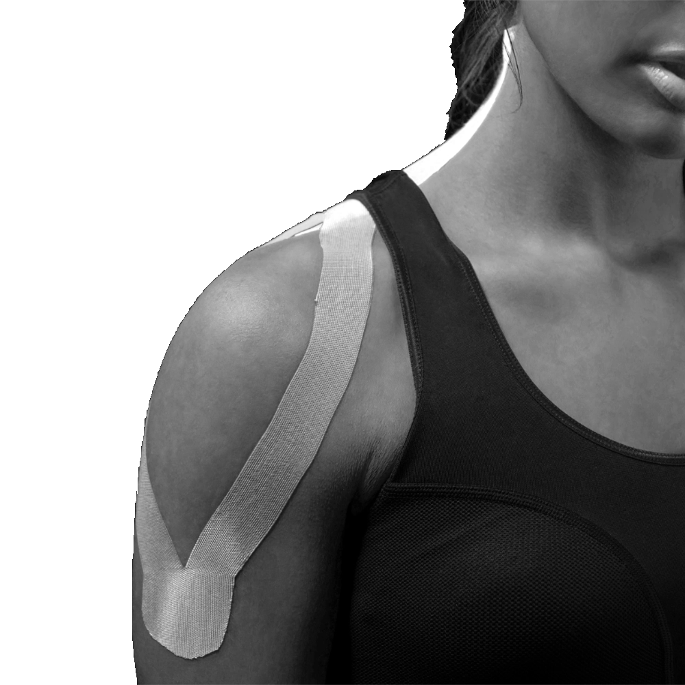 A white, textured kinesiology tape applied in a v-shape across the shoulder.
