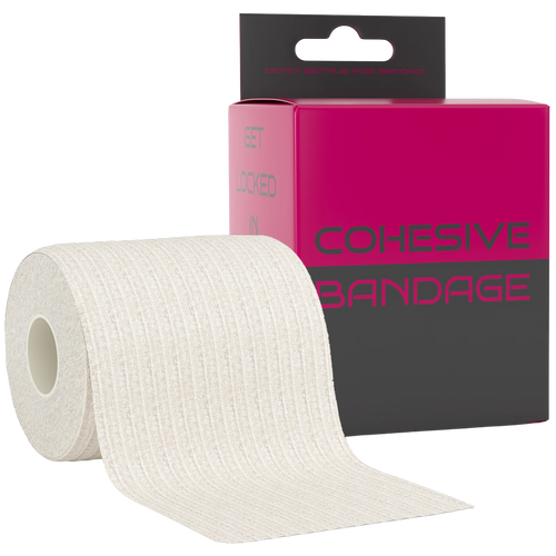 White textured cohesive bandage roll in pink and gray Cohesive Bandage box