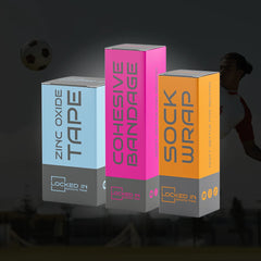 Football Matchday Kit: light blue zinc oxide tape, pink cohesive bandage, orange sock wrap