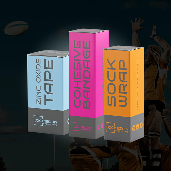 Rugby Contact Support Pack: blue zinc tape, pink cohesive, orange sock wrap boxes