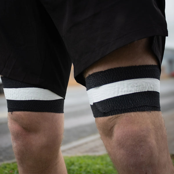 Black Rugby Contact Support Pack compression leg wraps with white stripe