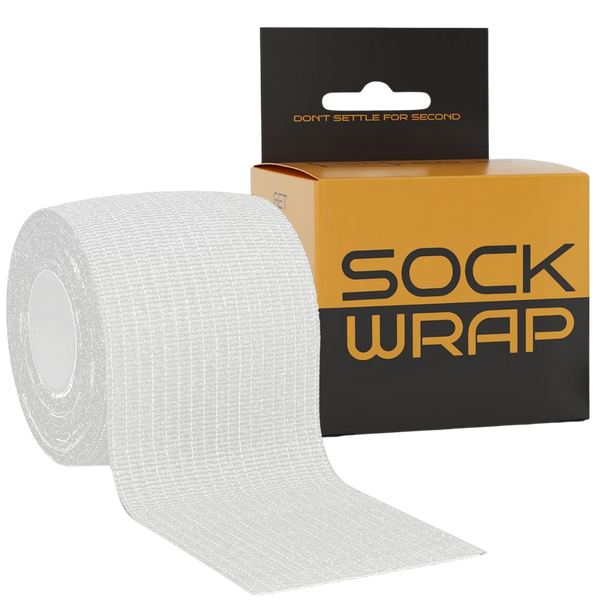 White textured Sock Wrap roll in orange black branded box