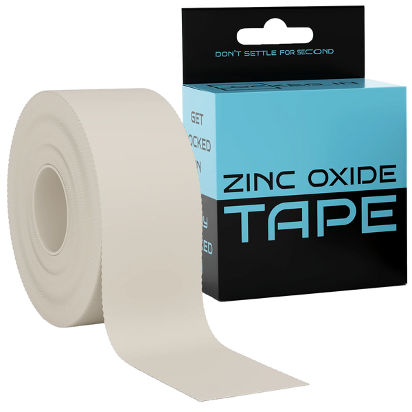 Zinc Oxide Tape roll in white with blue black packaging and teal lettering