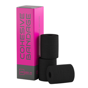 Locked In cohesive bandage: black rolls in pink gray box