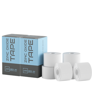 White Zinc Oxide Tape rolls by Locked In in light blue gray packaging