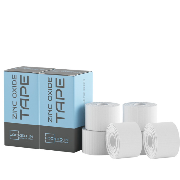 White Zinc Oxide Tape rolls by Locked In in light blue gray packaging