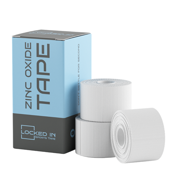 White zinc oxide sports tape rolls in light blue gray Football Matchday Kit box