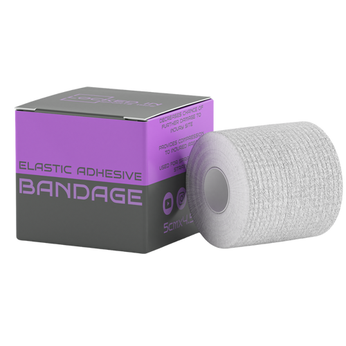 EAB Tape: white elastic adhesive bandage roll with purple gray packaging