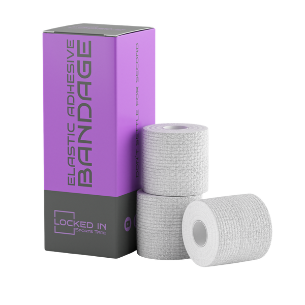 White EAB Tape rolls in Locked In Sports Tape purple gray box