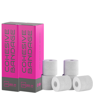 Pink and gray boxed bandages with white textured cohesive wrap rolls