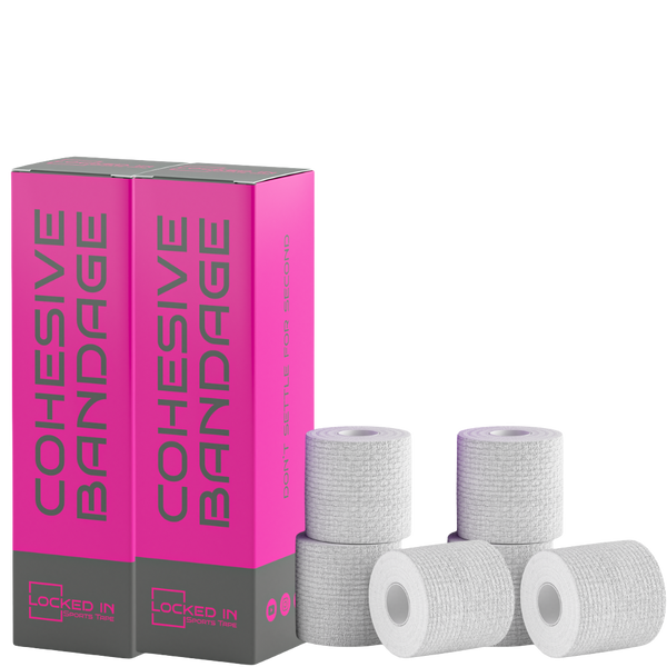 Pink and gray boxed bandages with white textured cohesive wrap rolls