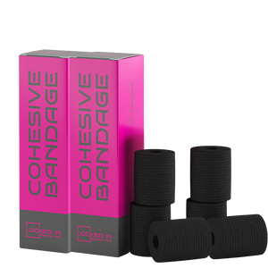 Locked In pink and gray adhesive bandage boxes with black cohesive rolls
