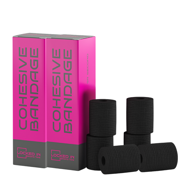 Locked In pink and gray adhesive bandage boxes with black cohesive rolls