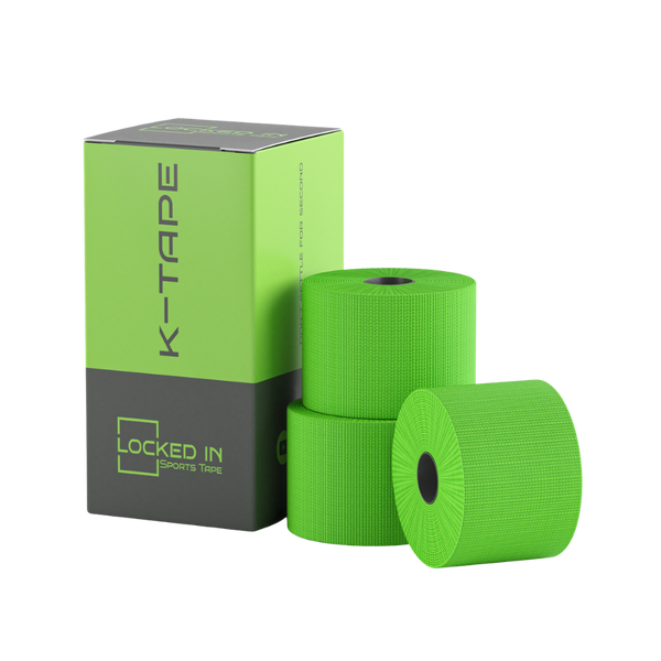 Bright neon green K-Tape rolls in Locked In Sports Tape box for Racket Sports Performance Pack