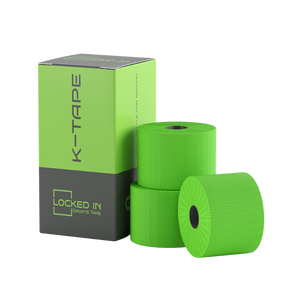 Bright neon green K-Tape rolls in Locked In lime-green gray box for Running & Fitness Support Pack