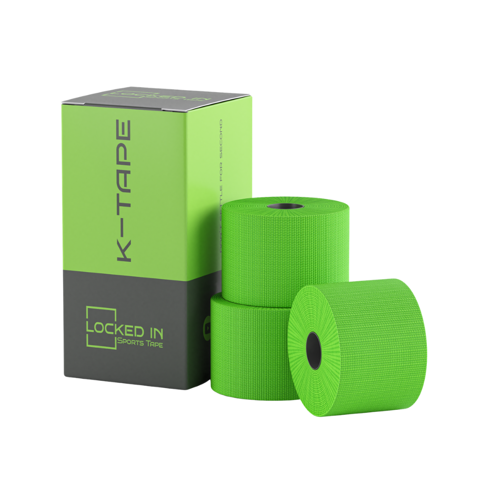 Bright neon green K-Tape rolls in Locked In lime-green gray box for Running & Fitness Support Pack