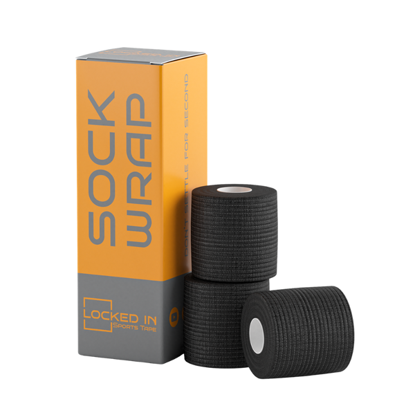 Black textured athletic tape rolls in Locked In Sports Tape box for Rugby Contact Support Pack