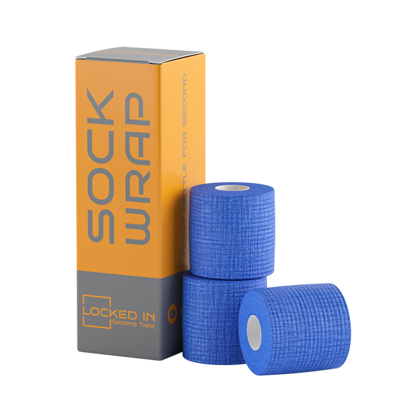 Sock Wrap: blue textured athletic wrap rolls in orange and gray branded box