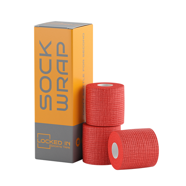 Red textured Sock Wrap rolls in branded orange and gray box